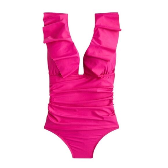 J. Crew Ruched Ruffle One Piece Swimsuit In Radiant Fuchsia Size 14 - Picture 1 of 5